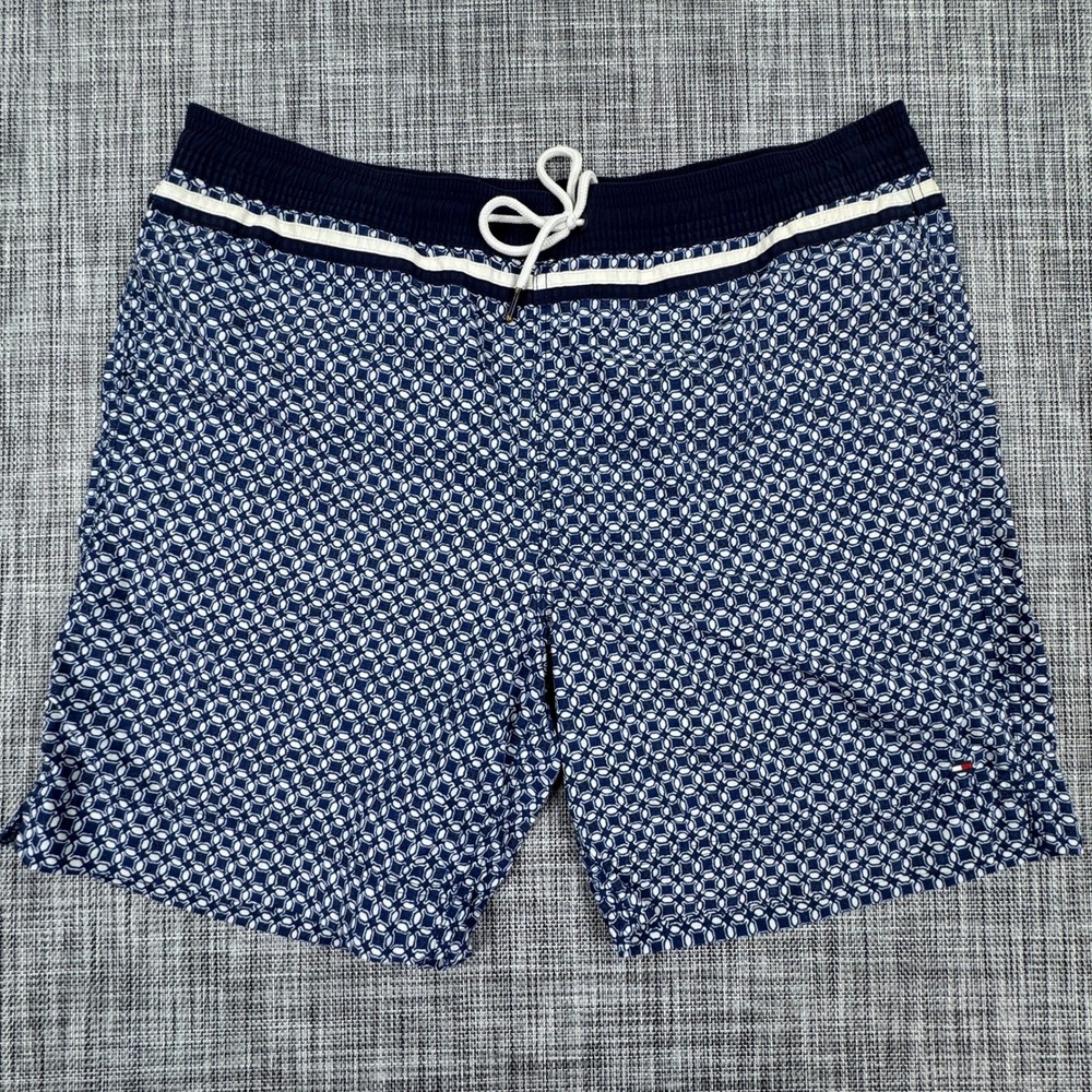 Tommy Hilfiger Men's Swim Trunks Large Blue Geometric Drawstring Board Shorts